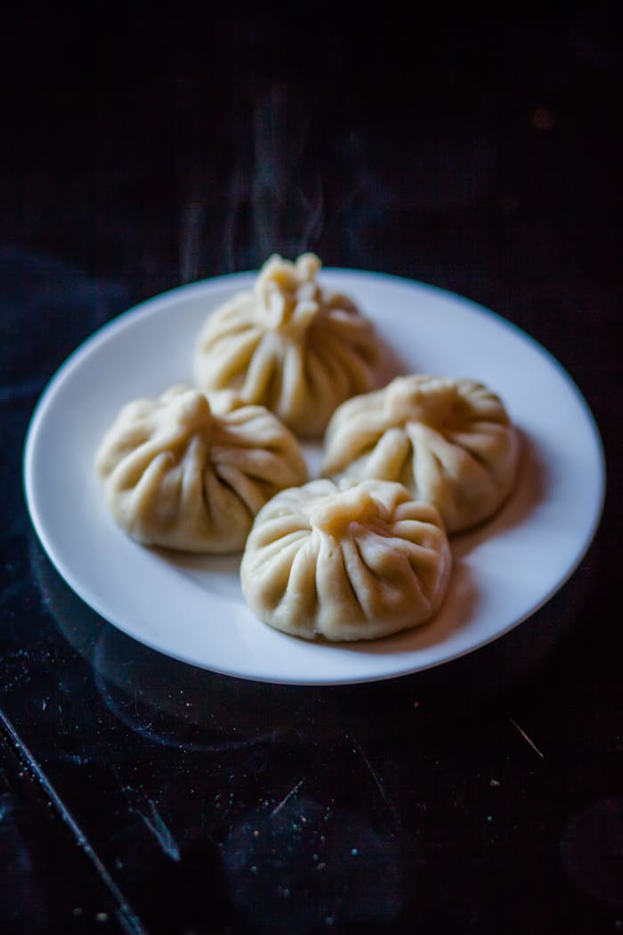 Close-up of four delicious dumplings on a ceramic plate, showcasing authentic Asian cuisine.